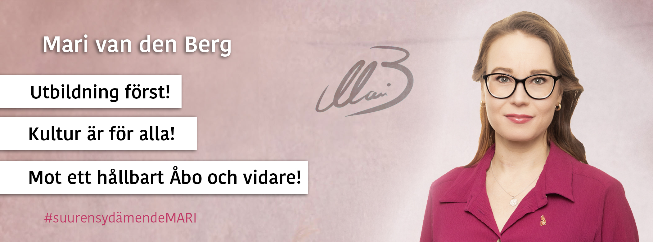 Sidsbanner med ansikte och valtema: kvalitetsutbildning, tillgänglig kultur och hållbar utveckling.
